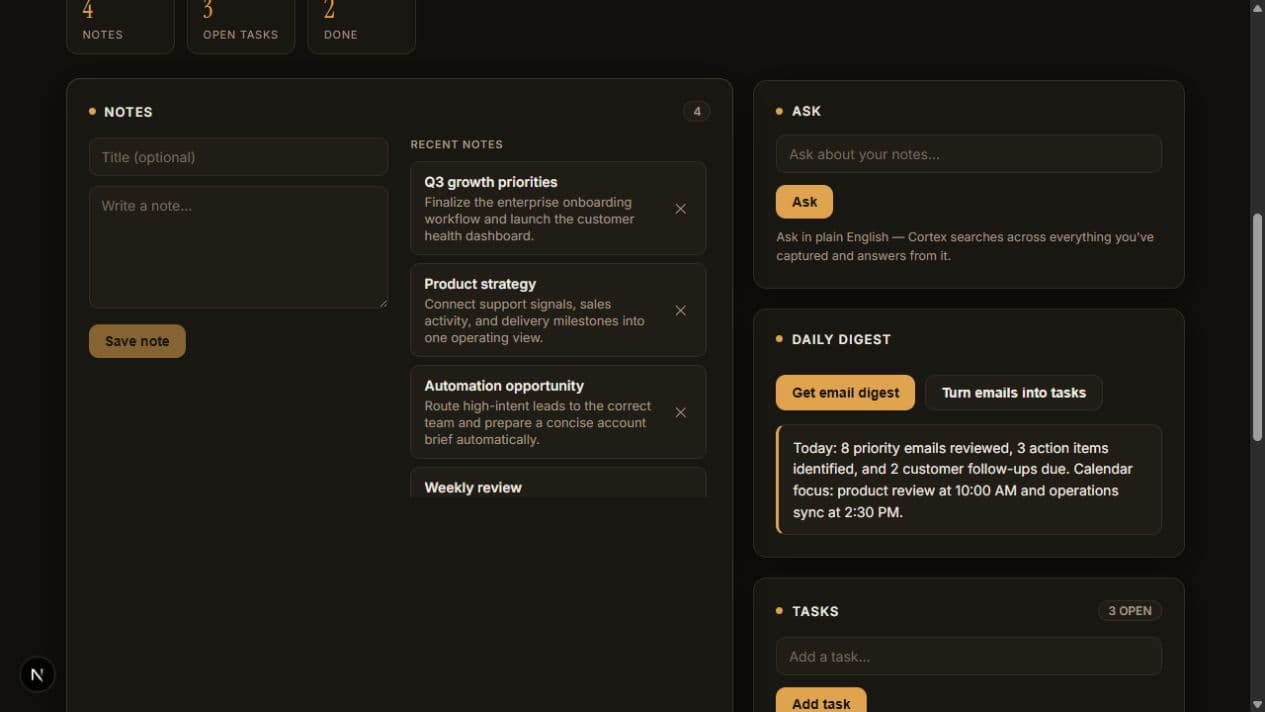 Cortex AIOS workspace with notes, AI search, daily email digest, and task management